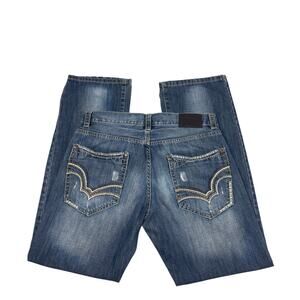 Gasoline Mens Distressed Jeans 32x32 Blue Embroidered Straight Leg Streetwear